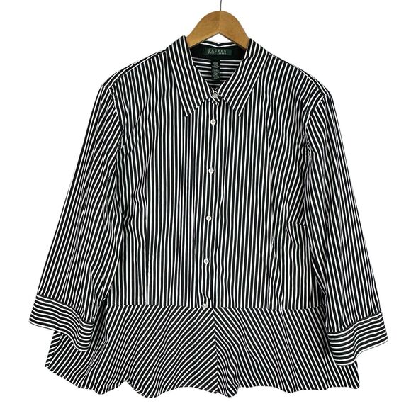 Lauren Ralph Lauren Black White Striped Peplum Button Up Blouse Women’s 20W - Picture 1 of 13